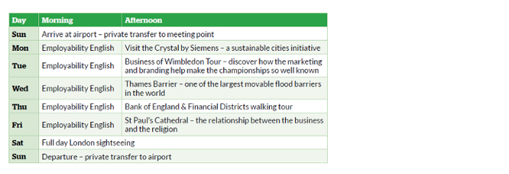 Esempio di programma settimanale dettagliato con le attività, escursioni e visite che si svolgeranno durante il programma di alternanza scuola lavoro a Greenwich